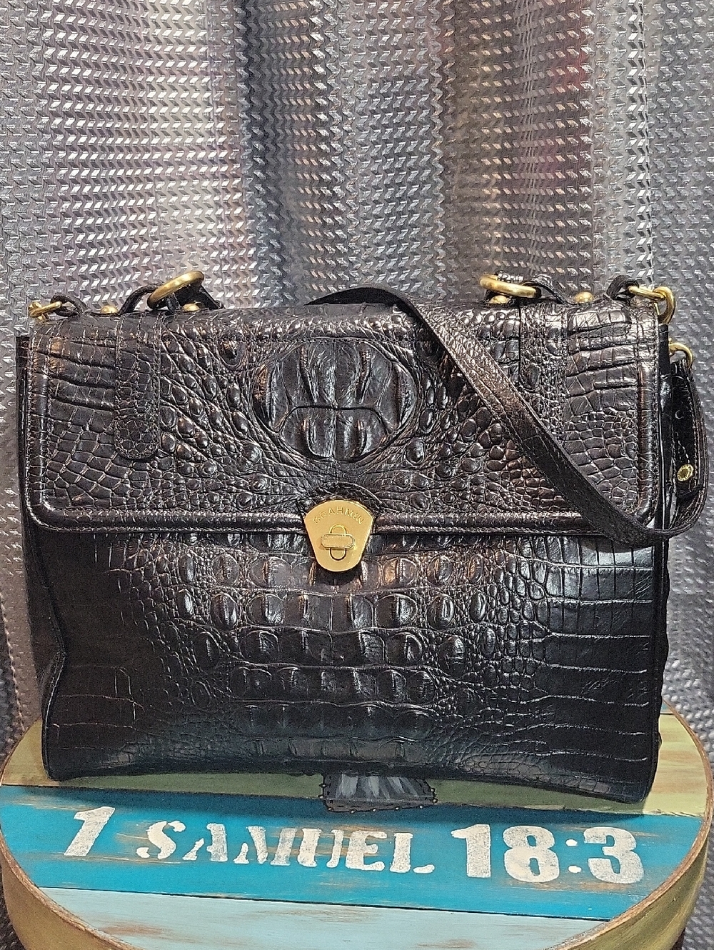 Brahmin Black Croc-Embossed Shoulder Bag with Gold Hardware